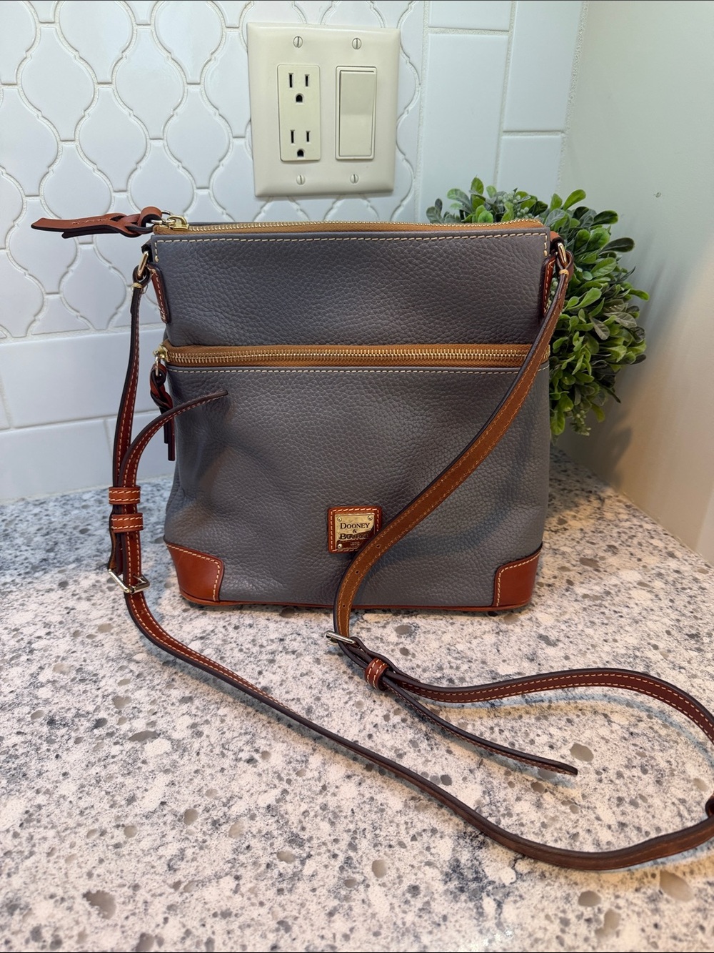 Dooney & Bourke Gray Pebble Leather Crossbody with Brown Trim